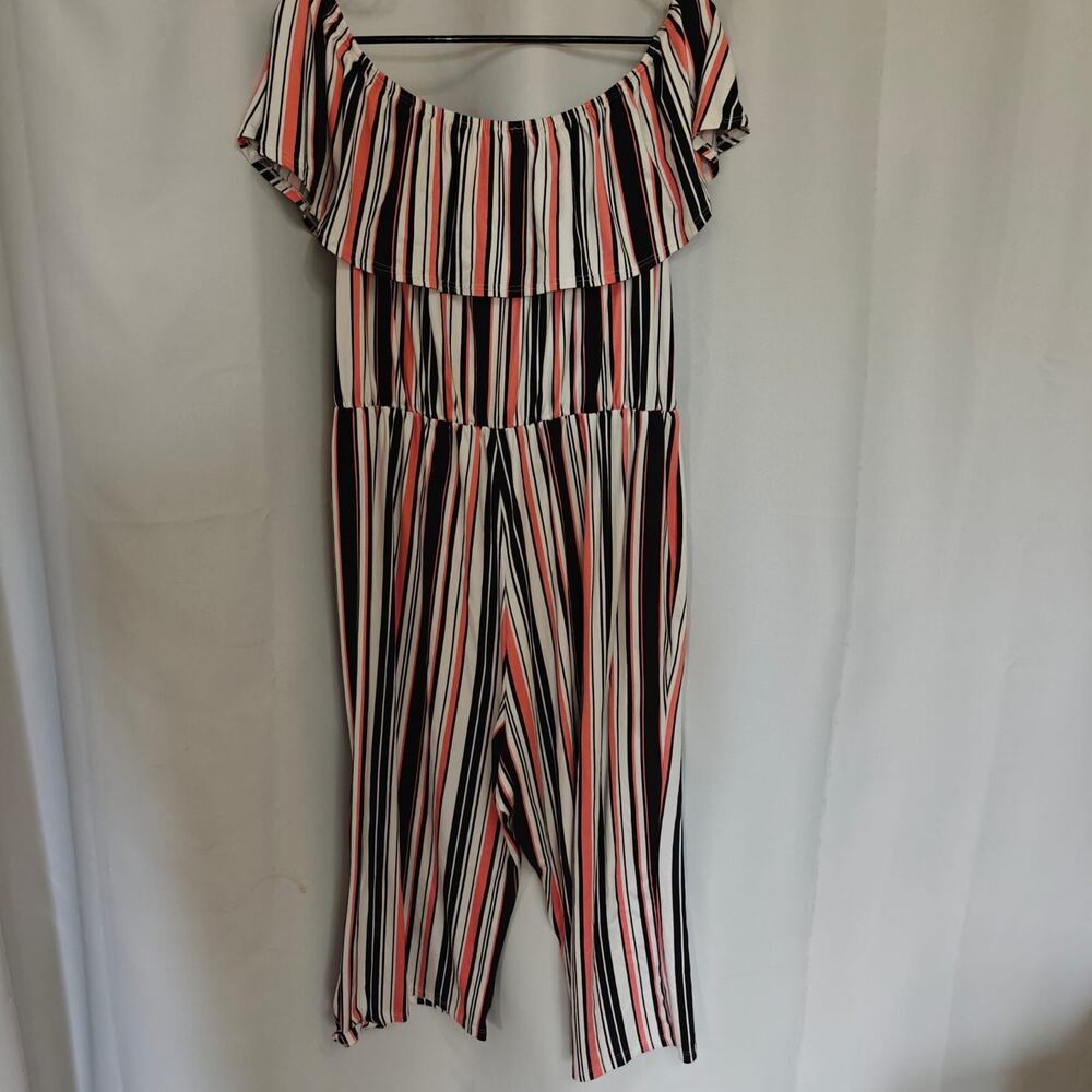 Lexington Avenue Women 2XL Off Shoulder Jumpsuit Striped Black tan and flamingo